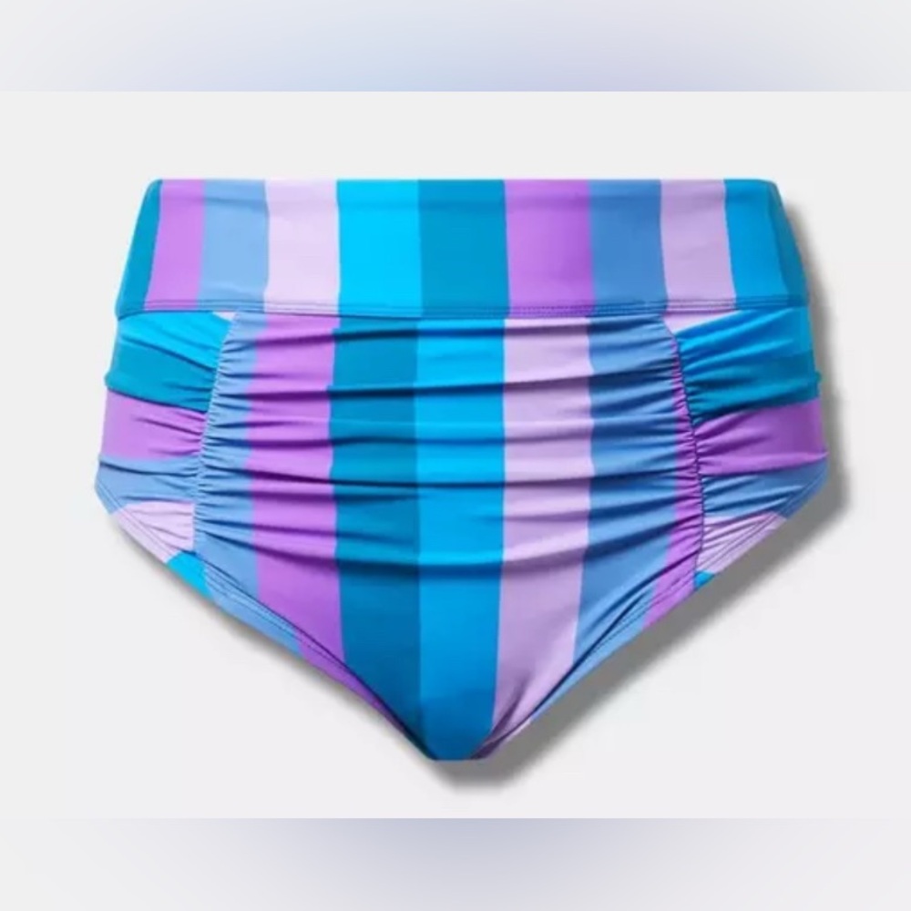 Torrid High Waist Ruched High Leg Cheeky Bikini Bottom Cool Stripe Multi